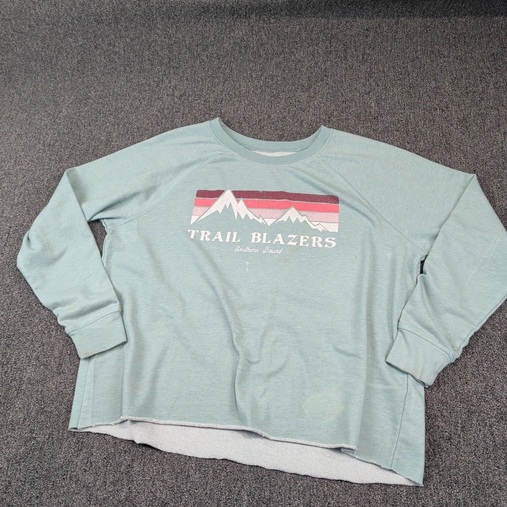 True Craft Gorpcore Trail‎ Blazers Mountain Sweatshirt 0X Teal Raw Hem Hiking